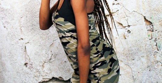 Jennypher, models - camo outfit on Haitian model, athletic wear