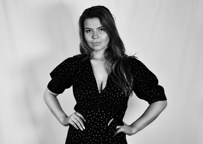 Leah, model - black and white photo of model in dark dress