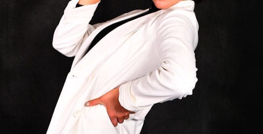 Leah, models, redhead young woman in white pantsuit and sunglasses