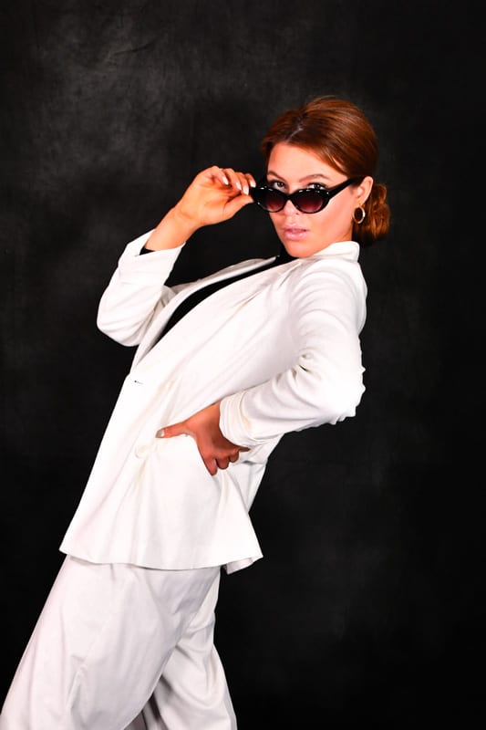 Leah, models, redhead young woman in white pantsuit and sunglasses