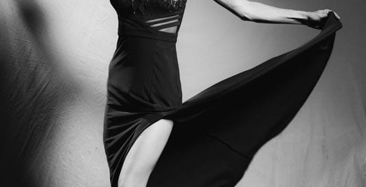 model abbie in black and white in flowing dress